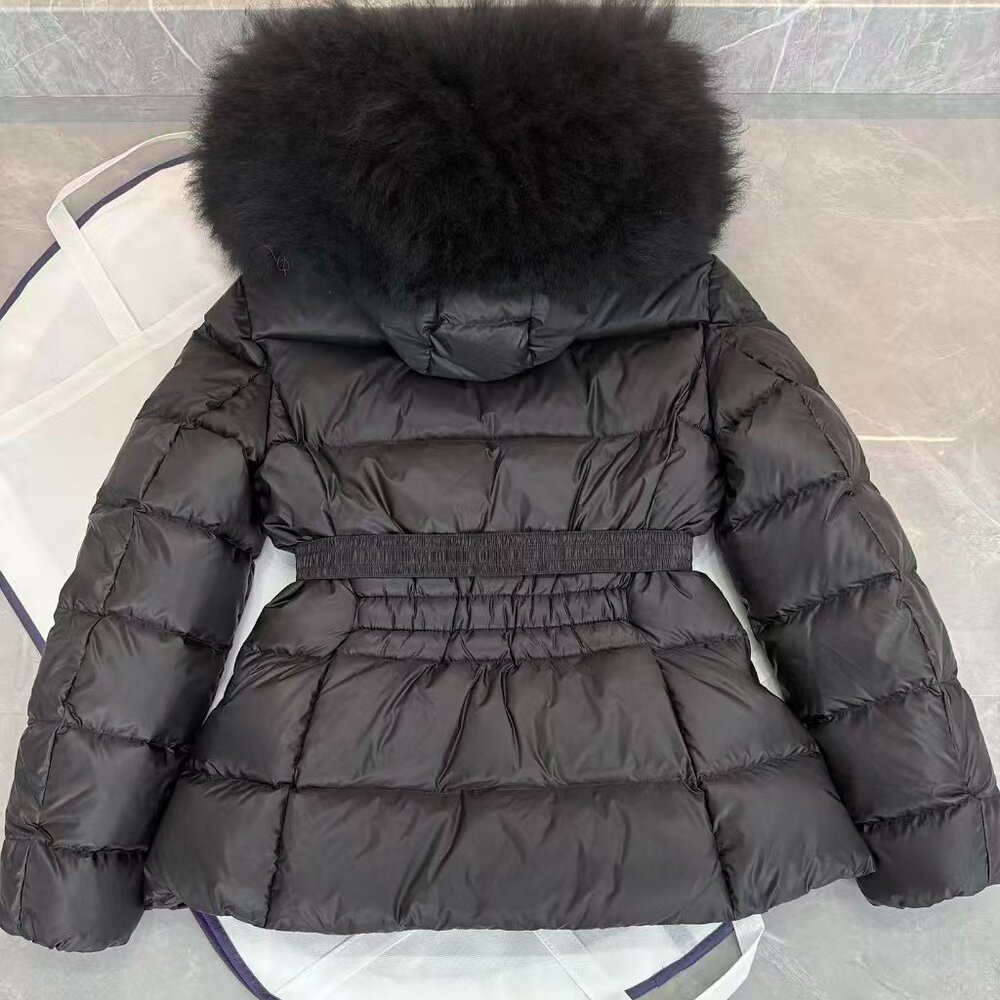 Moncler Short Puffer Jacket - Black, Cinched Waist & Removable Fur Hood - Picture 3 of 8